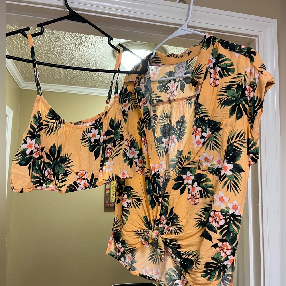 Peach Hawaiian shirt with matching bralette, size large